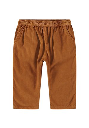 Pantaloni corti in corda marrone con vita elastica, due tasche laterali e taglio dritto. Texture liscia con righe sottili.