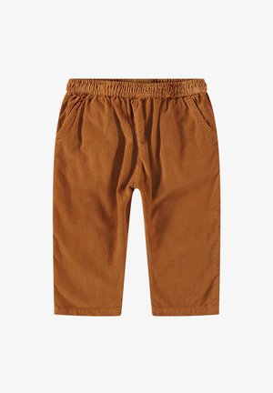 Pantaloni corti in corda marrone con vita elastica, due tasche laterali e taglio dritto. Texture liscia con righe sottili.