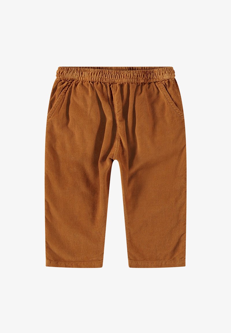 Pantaloni corti in corda marrone con vita elastica, due tasche laterali e taglio dritto. Texture liscia con righe sottili.