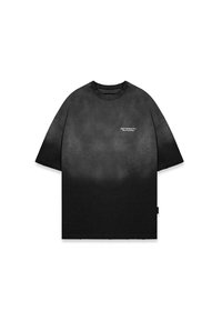 Schwarzes Baumwoll-T-Shirt in Übergröße mit einem verlaufenden Design, kurzen Ärmeln und einem Frontlogo mit der Aufschrift "RETERNITY". Weiche Textur und lässiger Schnitt.