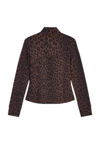 Veste en imprimé léopard marron foncé et noir, fabriquée en tissu doux, avec une coupe ajustée, des manches longues et un col mandarin.