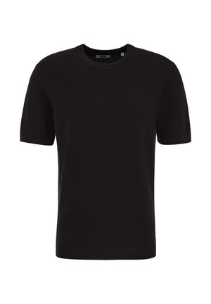 Pull noir à manches courtes avec col rond, motif en maille texturée et bords côte aux poignets et à l'ourlet.