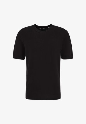 Fekete rövid ujjú környakú pulóver texturált kötött mintával, bordázott mandzsettákkal és szegéllyel.