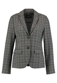 Šedý kostkovaný blazer s klopovým límcem, předním zapínáním na dva knoflíky a bočními kapsami. Materiál vypadá texturovaně a má strukturovaný střih.