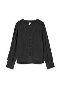 Blouse noire à manches longues avec décolleté en V, dotée de boutons sur le devant, de épaules froncées et de larges poignets. Tissu légèrement texturé.