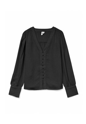 Black long-sleeve blouse with a V-neck, featuring buttons down the front, gathered shoulders, and wide cuffs. Slightly textured fabric.
