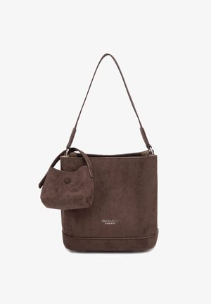 Borsa a secchiello in camoscio marrone con tracolla e piccola pochette annessa, con logo "DIANA & CO FIRENZE" impresso sul davanti.