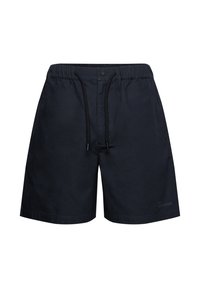 Shorts de bain bleu marine avec une taille élastique à cordon de serrage, des poches latérales et une texture lisse et propre.