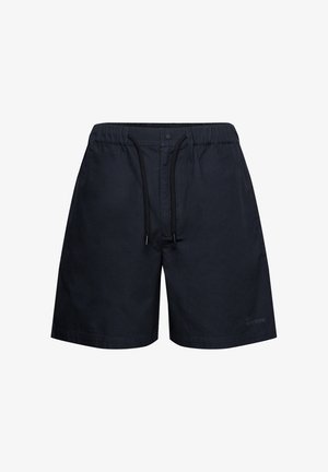 Navy blauwe zwemshorts met een elastische tailleband met aantrekkoord, zijzakken en een schone, gladde textuur.