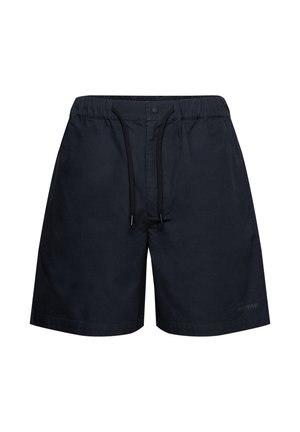 Sorte herrebadshorts med elastisk talje, frontknap og justerbare snore.