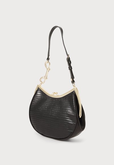 Black croc-embossed leather handbag with a gold-tone metal frame, curved shape, and a single adjustable strap for carrying.