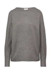 Grau gestreifter Strickpullover mit langen Ärmeln, weitem Ausschnitt und eng anliegenden Bündchen, vor weißem Hintergrund präsentiert.
