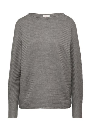 Grijs ribgebreid sweater met lange mouwen, bootcut hals en aansluitende manchetten, weergegeven op een witte achtergrond.