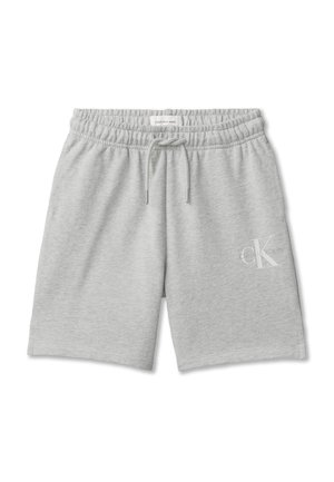 Light gray cotton shorts with elastic waistband and drawstring, featuring a small Calvin Klein Jeans logo on the left thigh.