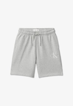 Ανοιχτό γκρι βαμβακερά σορτς με ελαστική μέση και κορδόνι, με μικρό λογότυπο Calvin Klein Jeans στο αριστερό μηρό.