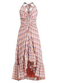Ärmlös halterneckklänning med rutigt mönster i orange, rosa och lila nyanser. Har en rynkad överdel och volangkant.