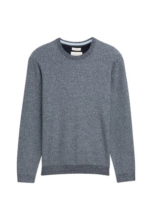 Gray textured sweater with a crew neck, long sleeves, and ribbed hems. Subtle pattern with darker and lighter shades of gray.
