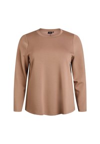 Długi rękaw w miękkim, jasnobrązowym materiale. Posiada okrągły dekolt i luźny krój z detalami przeszyć wzdłuż rękawów.