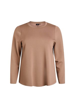 Dlouhý rukáv top v měkké, světle hnědé tkanině. Má kulatý výstřih a uvolněný střih s prošíváním podél rukávů.