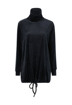 Haut à col roulé en velours noir avec des manches longues, un ourlet froncé et des liens à cordon réglables. Texture lisse et coupe décontractée.