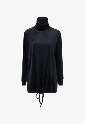 Zwarte fluwelen coltrui met lange mouwen, gathered zoom en verstelbare trekkoorden. Soepele textuur en ontspannen pasvorm.