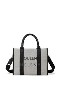 Borsa a rete grigia con dettagli in pelle sintetica nera. Presenta due manici superiori e una tracolla regolabile. Il testo recita "QUEEN HELENA."