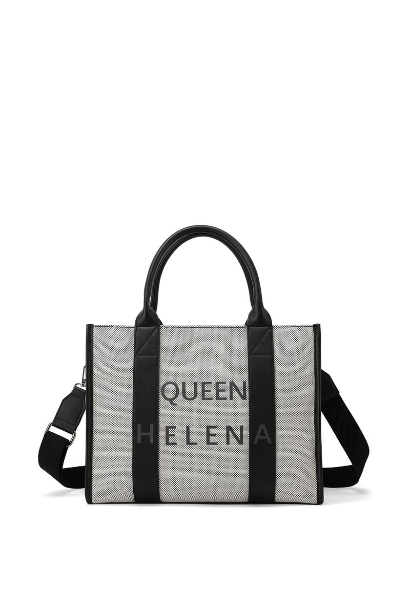 Borsa a rete grigia con dettagli in pelle sintetica nera. Presenta due manici superiori e una tracolla regolabile. Il testo recita "QUEEN HELENA."