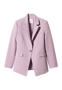 Blazer lavande clair en tissu lisse, avec un col cranté, deux poches avant et une fermeture à un bouton doré.