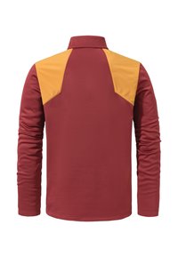 Langarm-Polo in tiefrot mit gelben Schulterakzenten. Hergestellt aus glattem Stoff, mit hohem Kragen und taillierten Ärmeln.
