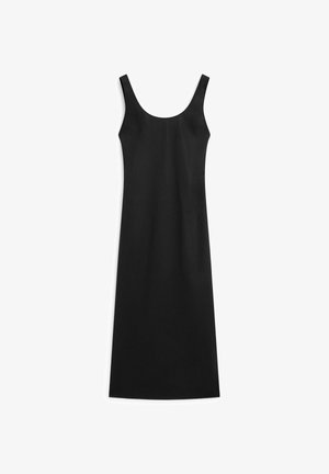 Robe midi noire sans manches avec encolure dégagée, silhouette cintrée et ourlet droit, présentée à plat sur un fond blanc.