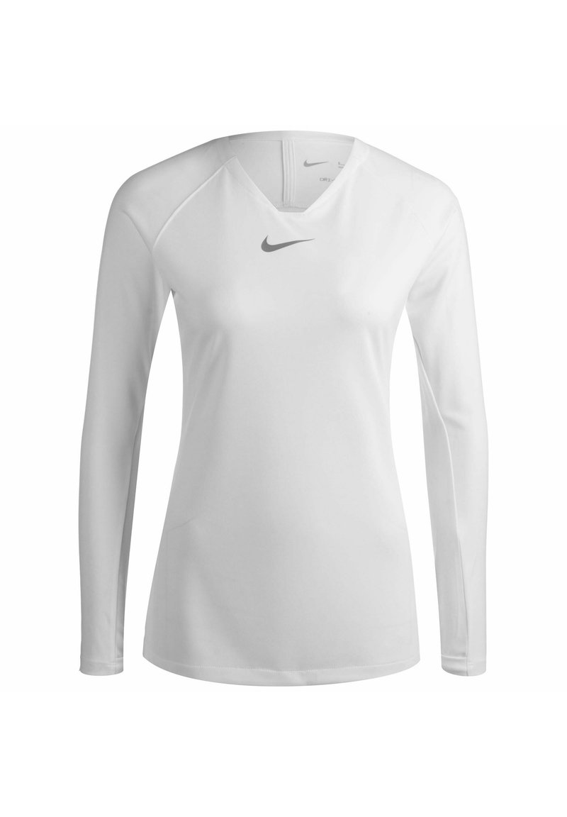 Maglietta atletica bianca a maniche lunghe con scollatura a V, realizzata in tessuto morbido, presenta un piccolo logo Nike grigio sul petto.
