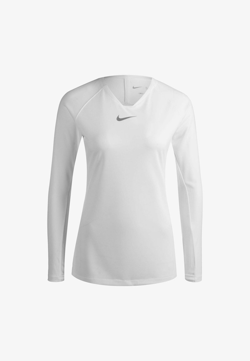 Langsleeve witte sportshirt met een V-halsontwerp, gemaakt van gladde stof, voorzien van een klein grijs Nike-logo op de borst.