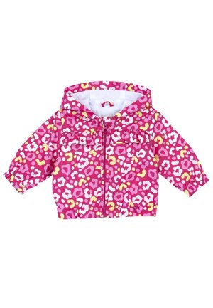 Toddler-sized hooded jacket with pink, white, and yellow leopard print pattern, elastic cuffs and hem, and front zipper closure.