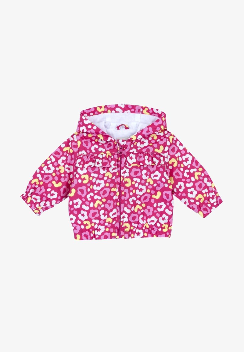 Veste à capuche pour tout-petit avec un motif léopard rose, blanc et jaune, poignets et ourlet élastiques, et fermeture éclair à l'avant.
