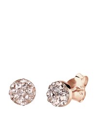 Boucles d'oreilles clous en or rose avec un design rond, incrustées de multiples cristaux transparents, offrant une surface texturée étincelante.