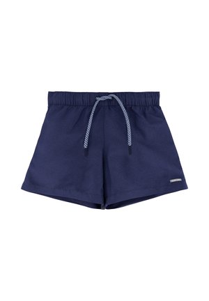 Pantalones cortos de baño azul marino con cintura elástica y cordón blanco, con una pequeña etiqueta con logo en la pierna inferior derecha.