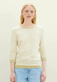Gestreiftes Langarmoberteil in Hellgrün und Weiß, mit rundem Halsausschnitt und gerippten Bündchen, aus weichem, strukturiertem Stoff gefertigt.