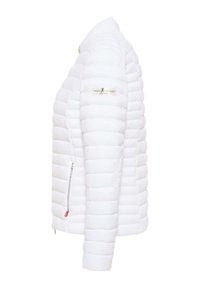 Vit puffjacka med kviltade segment, dragkedjeficka på sidan och en logotypapplikation på överarmen. Har ståkrage och slät yta.