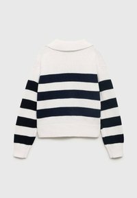 Pletený svetr s límečkem. Obsahuje střídající se námořnické a bílé vodorovné pruhy. Hladké manžety a lem. Texturovaná tkanina.