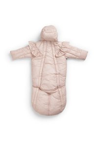 Vadderad, mjuk rosa spjälsängsäck för spädbarn med huva. Har volangdetaljer på ärmarna, dragkedjestängning och rundad form för värme.