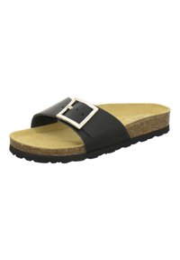 Black slip-on sandal with a wide strap, featuring a silver buckle accent. Soft, beige footbed and textured black outsole.