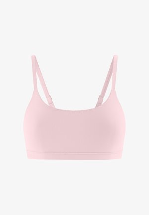 Bralette rosa chiaro con sottili spalline regolabili, design senza cuciture e tessuto morbido ed elastico. Senza accessori o decorazioni.