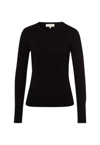 Černý svetr s dlouhým rukávem vyrobený z hladké, jemné pleteniny, s kulatým výstřihem a přiléhavým střihem, má žebrované manžety a lem.