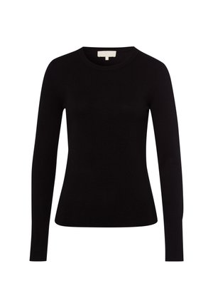 Zwarte lange mouwen trui gemaakt van een gladde, fijne breigoed stof, met een ronde halslijn en een getailleerde pasvorm met geribde boorden en onderkant.