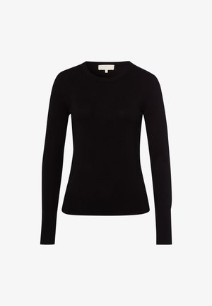 Zwarte lange mouwen trui gemaakt van een gladde, fijne breigoed stof, met een ronde halslijn en een getailleerde pasvorm met geribde boorden en onderkant.