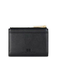 Portacarte in pelle nera con chiusura con zip e finitura testurizzata. Presenta un logo e più fessure per carte per l'organizzazione.