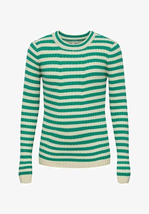 Pull en maille côtelée à manches longues avec rayures horizontales crème et vertes et encolure ronde.