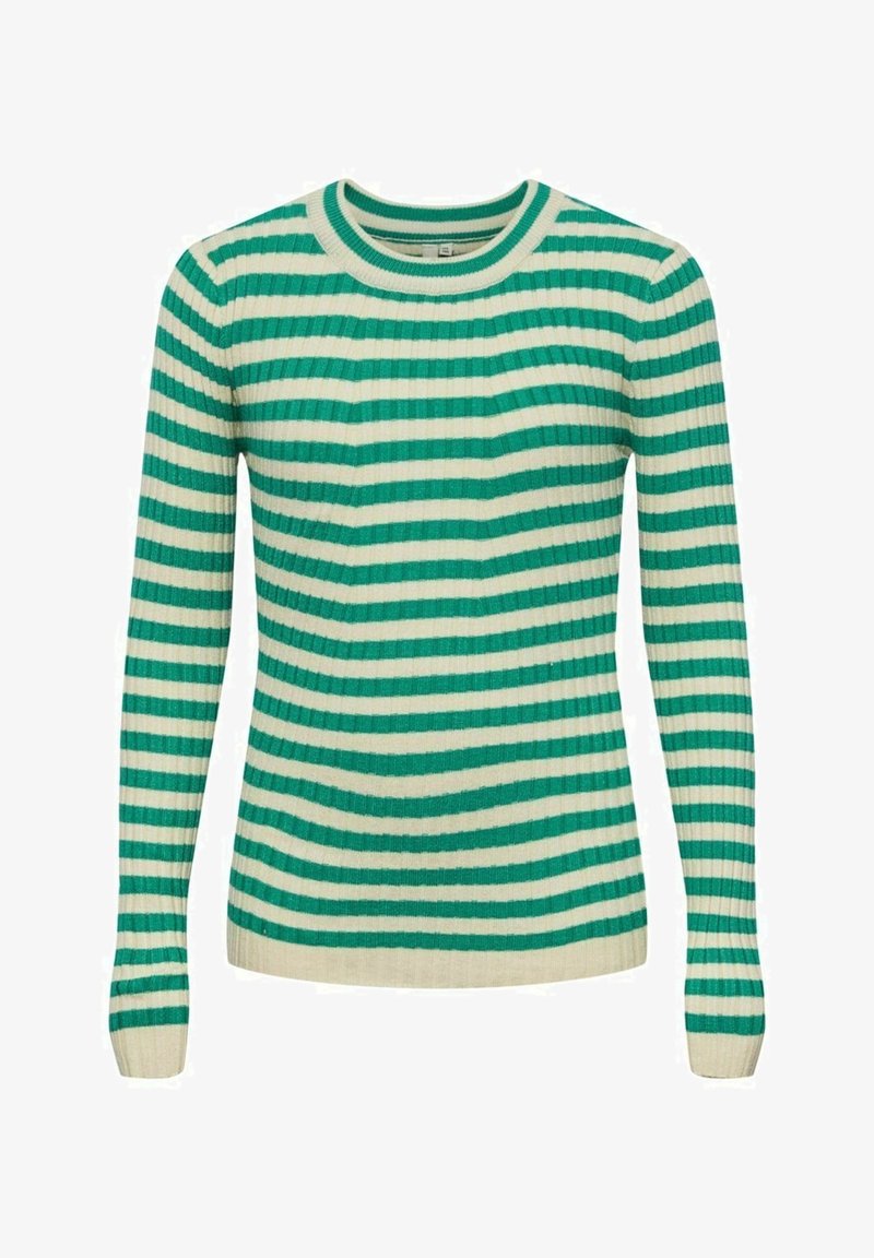 Pull en maille côtelée à manches longues avec rayures horizontales crème et vertes et encolure ronde.