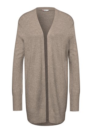 Beige cardigan, open voorkant, lange mouwen, rib gebreide boorden en zoom, zachte textuur, lichtgewicht gebreid materiaal. Geen sluitingen of patronen.