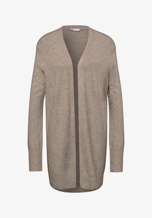 Cárdigan beige, de frente abierto, con mangas largas, puños y dobladillo acanalados, textura suave, tejido ligero. Sin cierres ni patrones.